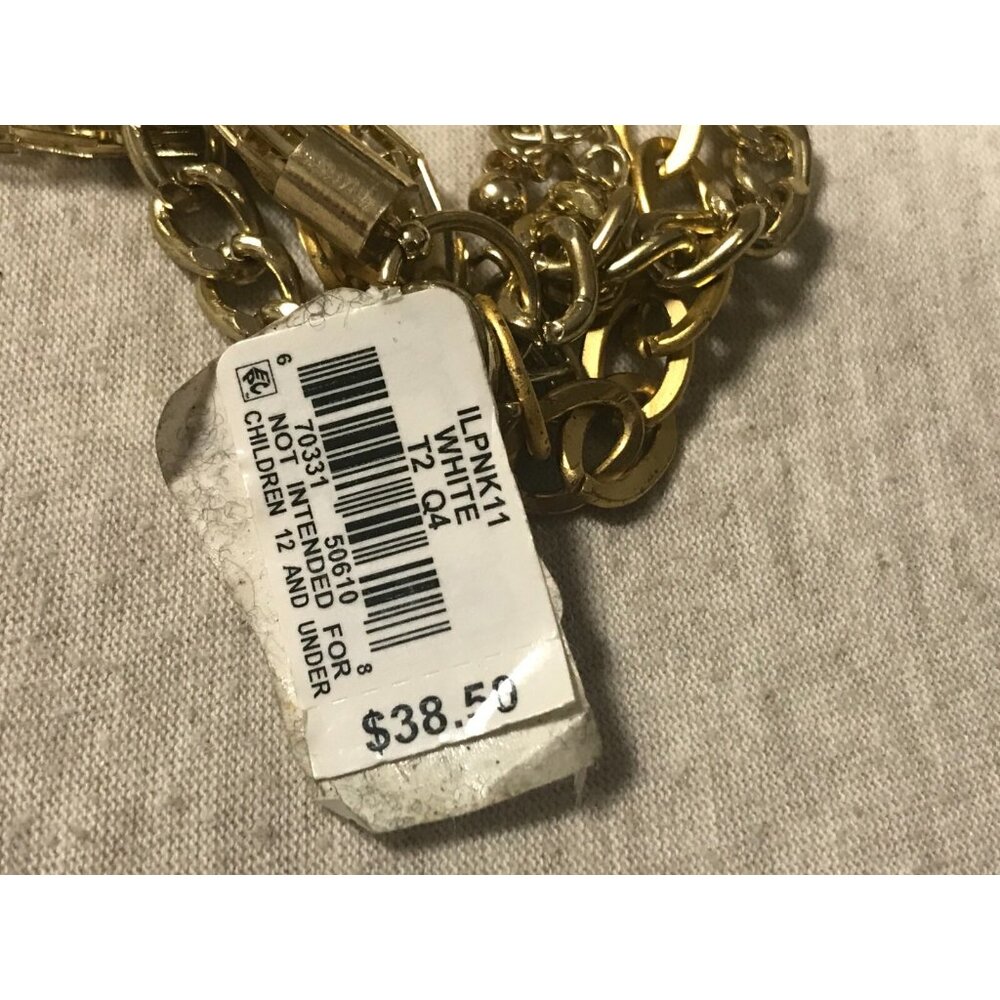 Macys Faux Pearl AB Rhinestone Gold Tone Bib Necklace-NOS - Picture 5 of 5